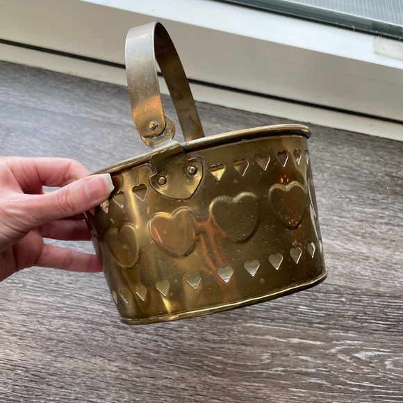 Vintage Other - Vintage Solid Brass Basket with Hinged Handle and Heart Cutouts MCM